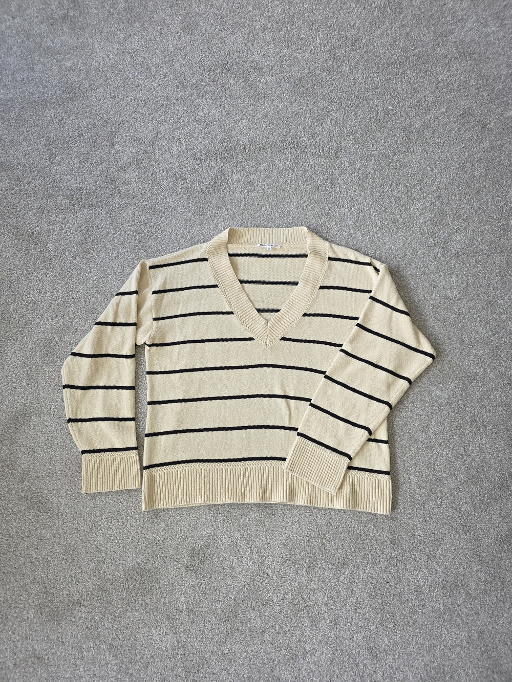 Reformation Cream and Black Striped V-Neck Sweater